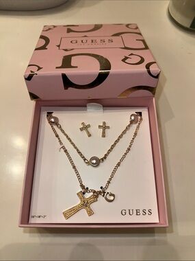 GUESS Gold Layered Cross & Pearl Necklace Set